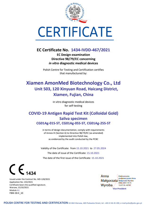 AmonMed Self-testing  COVID-19 Antigen Rapid Test Kit (Colloidal Gold) Saliva Specimen into CE 1434
